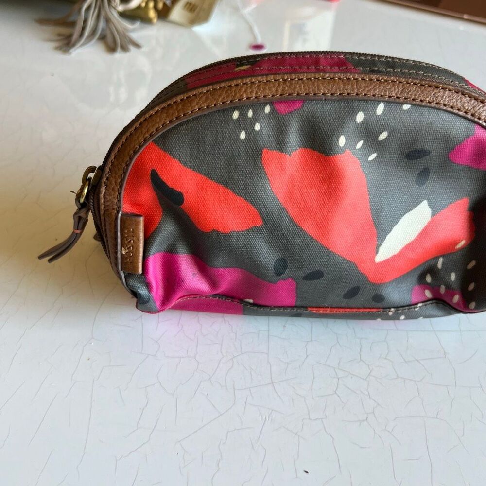 Fossil cosmetic pouch or zipper case abstract floral canvas body with brown leat